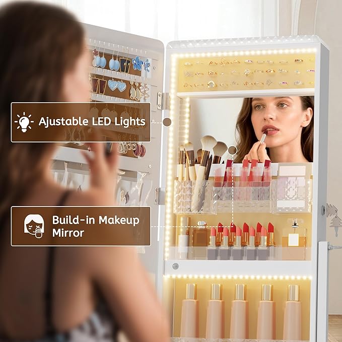 LVSOMT LED Standing Jewelry Mirror Cabinet, Stand Up Full Length Mirror with Storage, Lockable Floor Jewelry Armoire Organizer with 2 Drawers, Bottom Shelf, Built-in Lighted Makeup Mirror (White)