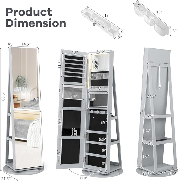 CHARMAID 360° Swivel Jewelry Armoire with Full Length Mirror, Rear Storage Shelves, Lockable Standing Jewelry Cabinet Organizer with Interior Vanity Mirror and 3-Color Lights (Gray)