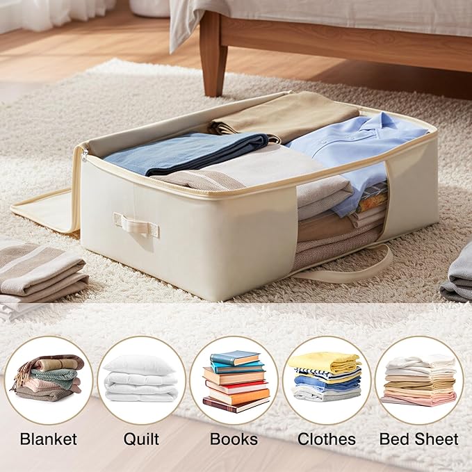 YGEOMER 4 Pack Canvas Comforter Storage Bags with Zipper Foldable Closet Organizers Storage Containers with Reinforced Handle for Dorm Organizing, Bedroom, Closet, Blanket, Clothing