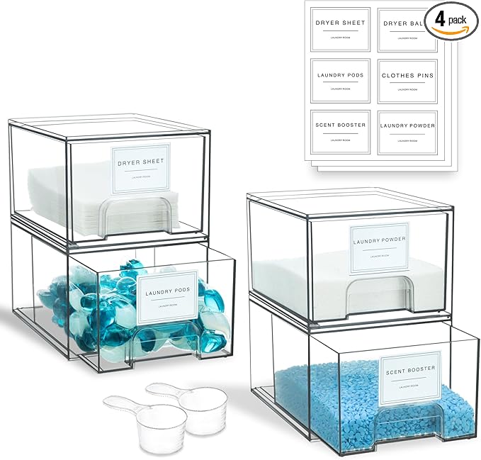 4 Pack Laundry Room Organization and Storage Containers with Labels, Stackable Clear Plastic Storage Drawers for Dryer Sheet Holder, Laundry Pods Container, Laundry Room Decor for Organizing