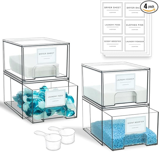 4 Pack Laundry Room Organization and Storage Containers with Labels, Stackable Clear Plastic Storage Drawers for Dryer Sheet Holder, Laundry Pods Container, Laundry Room Decor for Organizing