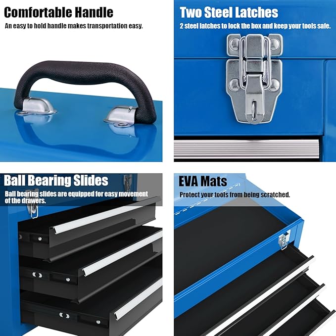 IRONMAX Portable Tool Box, 20.5’’ Lockable Steel Tool Chest Cabinet w/Comfortable Handle & 3 Drawers, Heavy Duty Storage Toolbox Tool Organizer for Garage, Warehouse, Home (Blue)