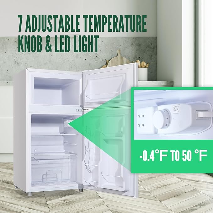 WANAI Mini Fridge with Freezer, 3.5 CU.FT Small Refrigerator with 2 Door & 7 Gear Mechanical Control & Side Bottle Rack, LED Light, Ideal for Dorm, Kitchen, Apartment, Office, White