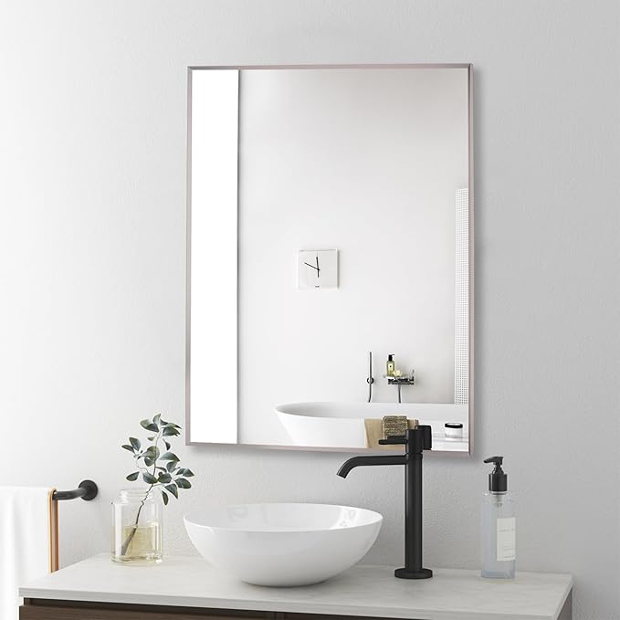 24x30 Inch Pewter Bathroom Mirror for Wall, Aluminum Frame Rectangle Rectangular Vanity Mirror, Modern Large for Bedroom, Living Room, Horizontal or Vertical