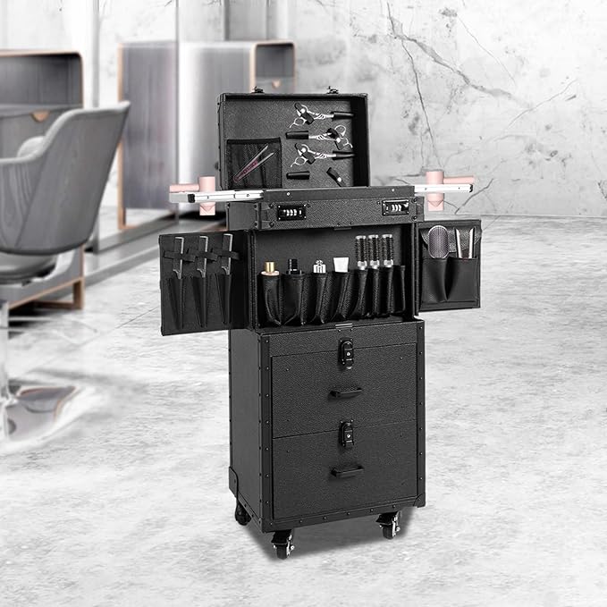 Rolling Makeup Case with Wheels and Locks, Cosmetology Case Makeup Train Case for Salon Barber Large Beauty Salon Luggage Rolling Lockable Makeup Train Extendable Tray Hairdressing (Style 1)
