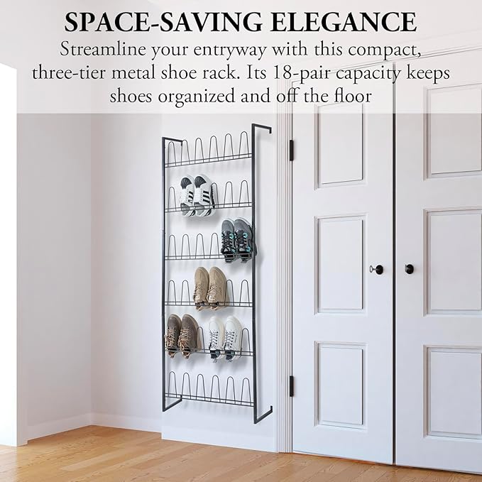 MyGift 70 Inch Black Metal Wall Mounted Shoe Rack for efficient vertical storage, shoe storage for Closet with 36 Hooks, Holds up to 18 Pair for Entryway