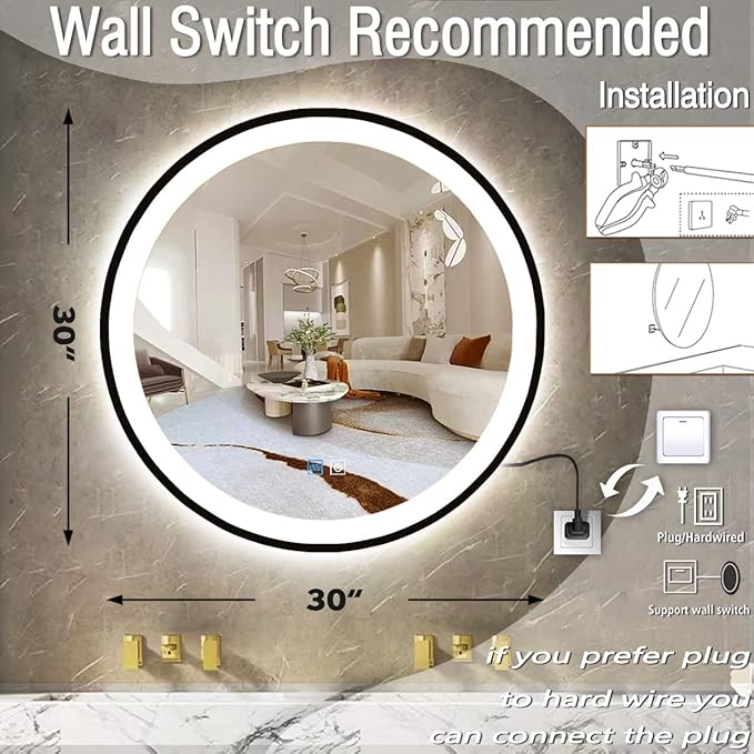 30 Inch Black Round Vanity Mirror with Lights - Black Frame LED Round Mirror for Bathroom - Anti Fog with 3 Color Changing Lights