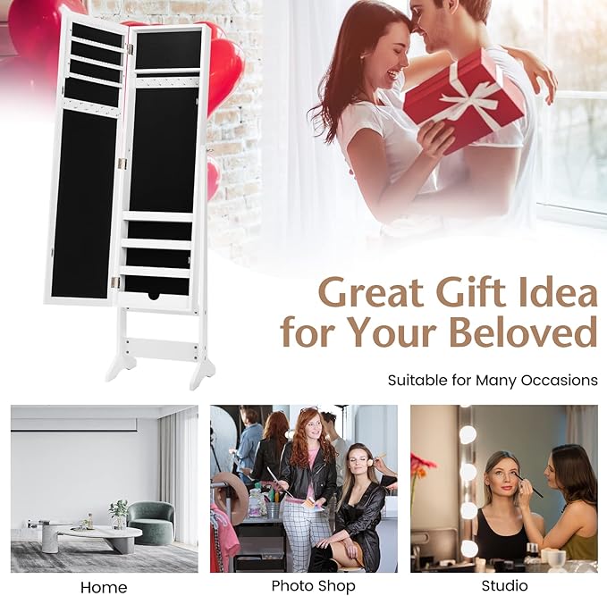 COSTWAY Jewelry Armoire, Standing Jewelry Organizer with Full-length Mirror & 3 Adjustable Angles for Bedroom, Dressing Room (White)