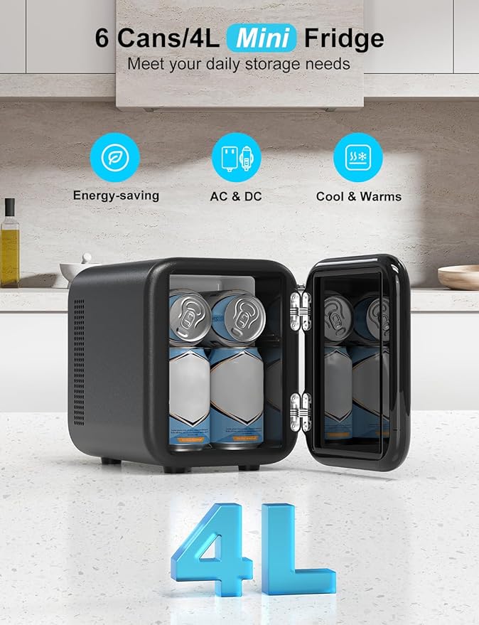 CROWNFUL Mini Fridge, 4 Liter/6 Cans Portable Skincare Fridge, AC/12V DC Cooler and Warmer Personal Refrigerator for Bedroom, Car, Dorm, Office, Food, ETL Listed Black