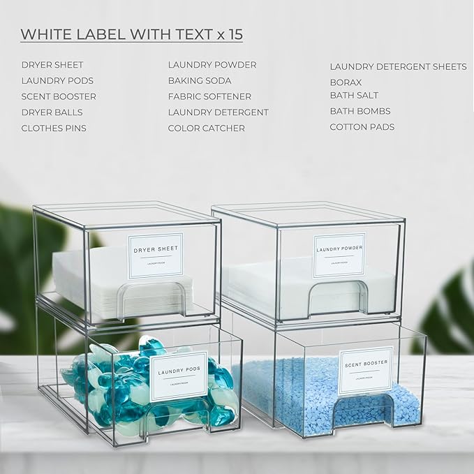 4 Pack Laundry Room Organization and Storage Containers with Labels, Stackable Clear Plastic Storage Drawers for Dryer Sheet Holder, Laundry Pods Container, Laundry Room Decor for Organizing