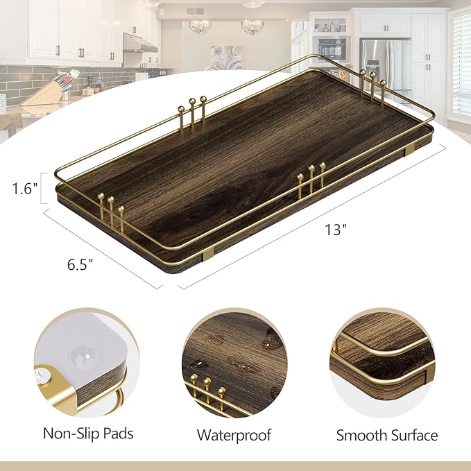 Toilet Paper Basket, Bathroom Basket for Counter Toiletries Towel Decor, Toilet Tank Tray, Guest Back of Toilet Organizer Storage, Vanity Tray for Perfume Makeup, Kitchen 13”x6.5” Brown-Gold