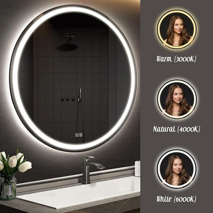 APRILSOUL 28 Inch Round LED Bathroom Mirror with Lights, Makeup Mirror with Front and Backlit, Anti-Fog, 3 Colors and Dimmable Light