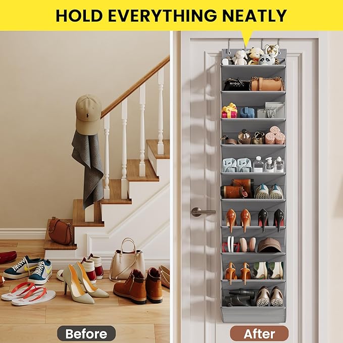 10 Tier Clear Over the Door Shoe Organizer with Deep Pockets, Door Shoes Rack with Hard Tube to Keep the Shape, Hanging Shoe Rack for Closet Organizers & Storage, Behind Door Shoe Holder Grey