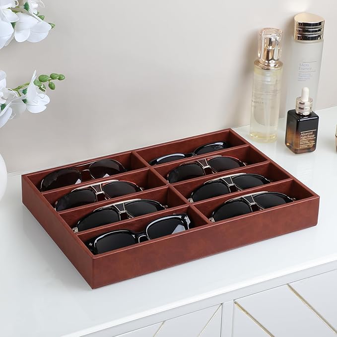 Sunglass Organizer Tray, PU Leather Sunglasses Organizer with 8 Grids for Drawer, Stackable Sunglass Holder Storage