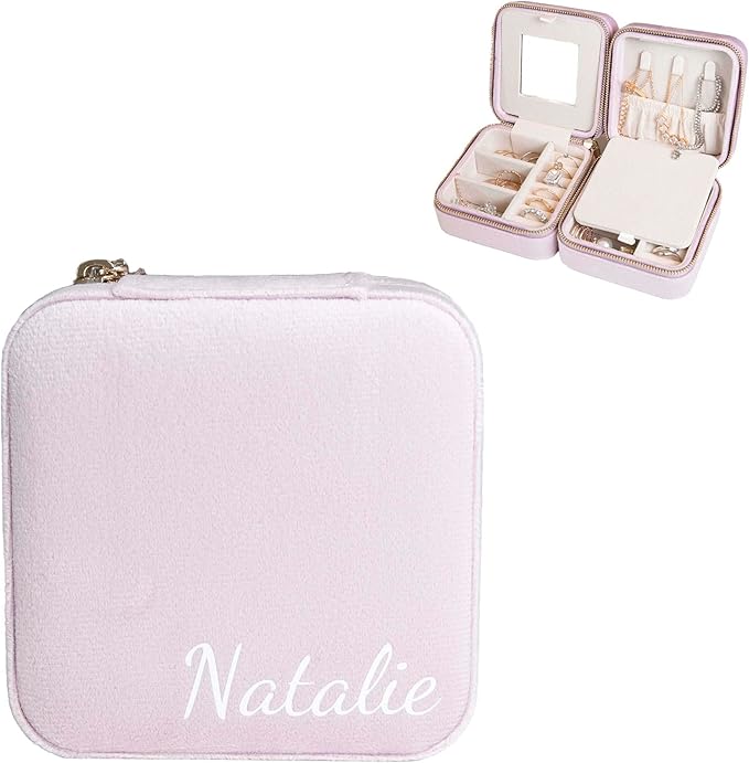 Customizable Compact Velvet Jewelry Box with Mirror, Travel Jewelry Case, Travel Jewelry Organizer, Jewelry Box for Women and Girls, Small Jewelry Organizer (Bottom Right Text, Lavender Pink)
