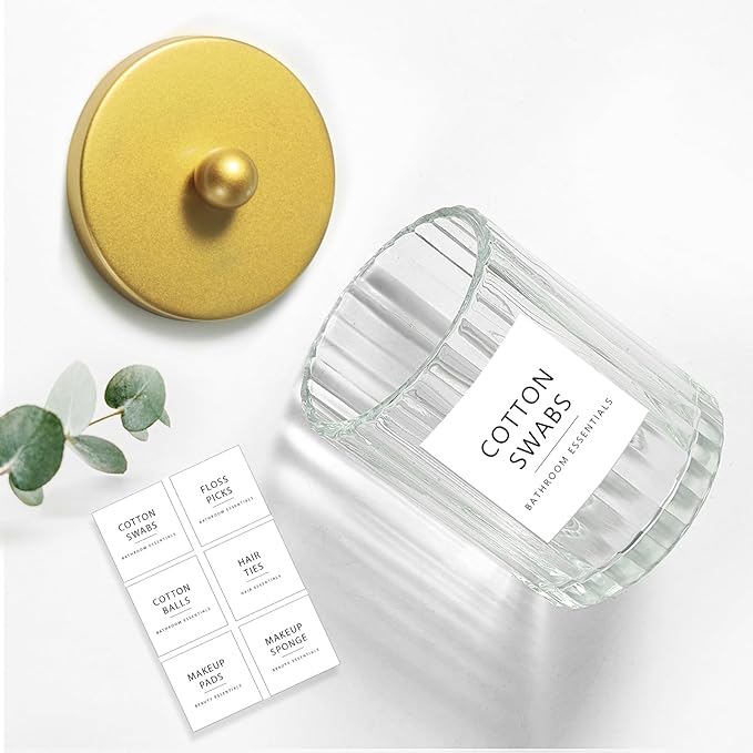 Amolliar Qtip Holder Dispenser for Bathroom, Clear Glass Canister Apothecary Jar for Cotton Swabs, Cotton Balls, Makeup Pads, Floss Picks, Container for Countertop Vanity Storage Organizer,Gold 4 Pack