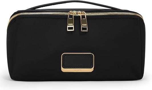 TUMI - Voyageur Dallas Cosmetic Bag - Lay-Flat Travel Makeup Organizer - Packable Travel Kit - Black with Gold Hardware
