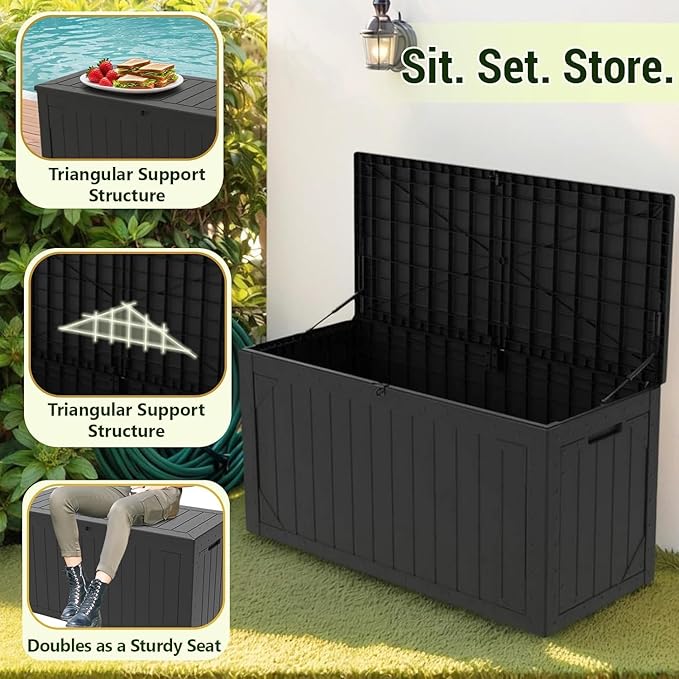 110 Gallon Resin Deck Box Waterproof Outdoor Storage Box for Patio Furniture Pool Accessories Indoor Storage for Cushion Garden Tools, Black