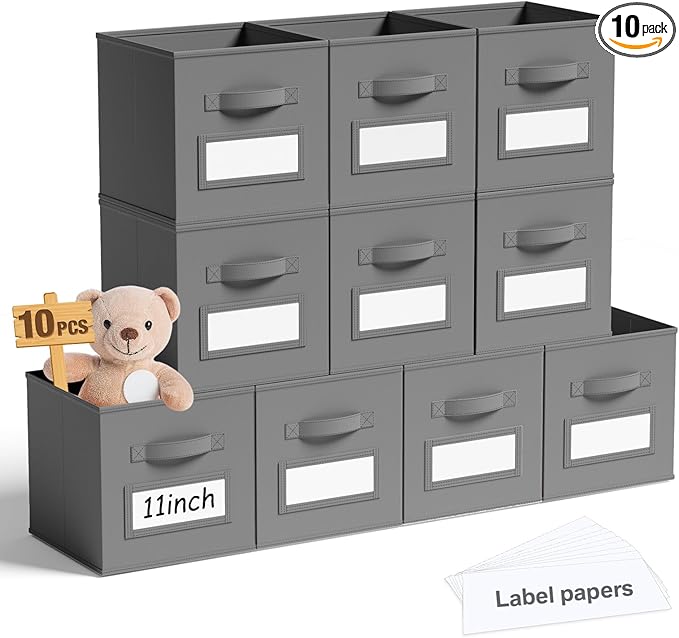 10 Pcs Fabric Storage Cubes with Labels 11 Inch Collapsible Cube Organizer Baskets with Window Cards for Shelf Nursery Clothes Book Toys Storage Bin(Gray)