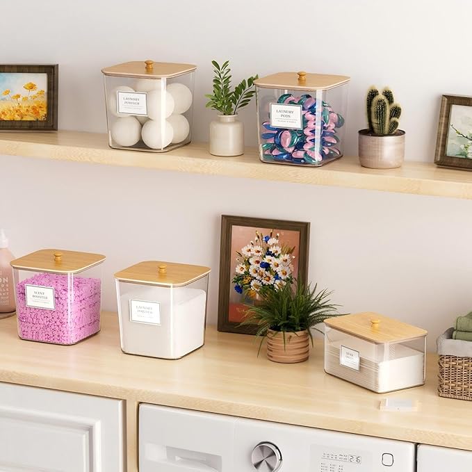 4 Pack Clear Laundry Pod Container, Laundry Room Organization Containers with Wooden Lids & Labels - Large Detergent Powder Storage for Room Organization, Scent Booster Holder