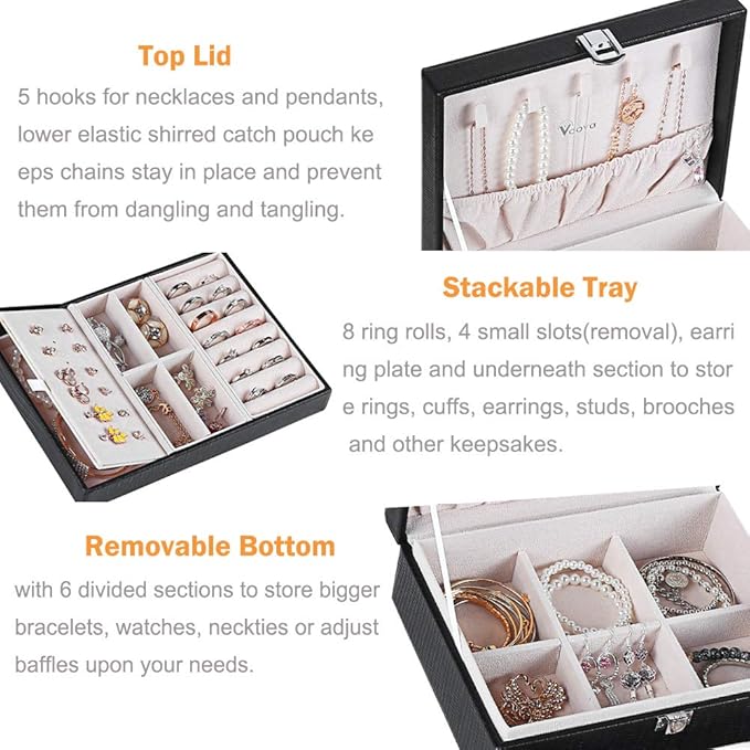 Voova Jewelry Box Organizer for Women Girls, 2 Layer Large Men Jewelry Storage Case, PU Leather Display Jewellery Holder with Removable Tray for Necklace Earrings Rings Bracelets, Vintage Gift, Black