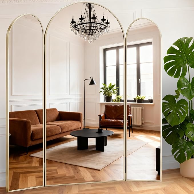 3-Way Full Length Trifold Mirror, 78"x76" Oversized Large Standing Mirror with Aluminum Alloy Thin Frame, for Wedding Dress/Clothing Shop/Closet, Gold