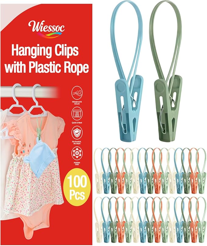 100 Pack Multi Purpose Laundry Hanging Clips with Rope, Heavy Duty Hanger Hooks for Baby Clothes, Pants, Socks, Hats (Light Blue, Light Gray, Light Pink, Green, Light Yellow)