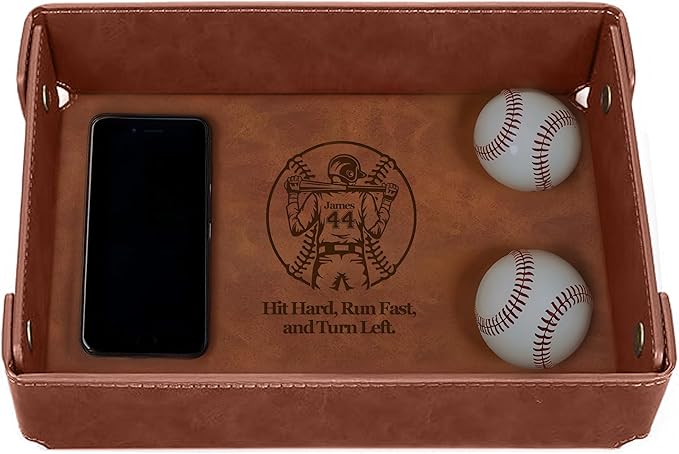 Personalized Baseball Valet Tray – Engraved PU Leather Catchall in Light Coffee – Custom Name Nightstand Organizer for Keys, Wallet, Jewelry, and Essentials – Unique Gift for Baseball Fans