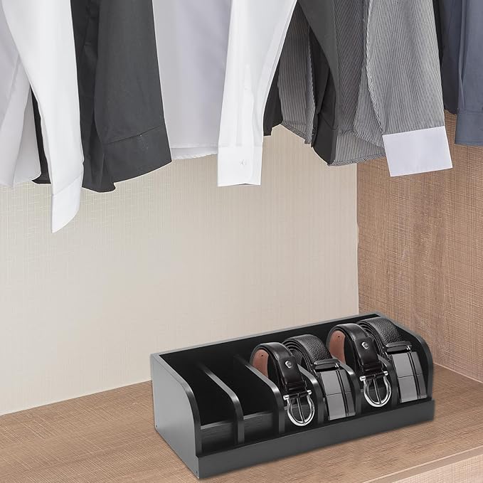 2 Pack Belt Organizer, 6 Compartment Bamboo Belt Organizer for Closet and Drawer, Display Case for Tie and Belt, Belt Holder Storage for Men Women, Black