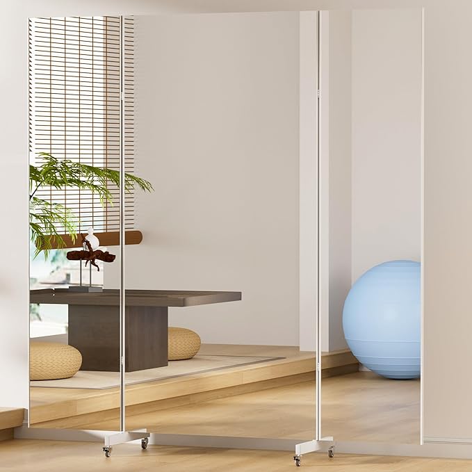 Brisafe 81" x 95" Extra Large Full Length Tri-Fold Mirror on Wheels, Stand Up Movable Floor Mirror with Stand, 3-Way Folding Standing Mirror for Gym, Dance Studio, Fitness Room & Home, Silver