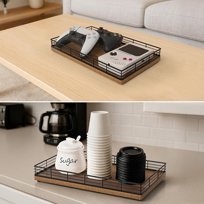 Large Bathroom Vanity Tray – 13" x 8" Acacia Decorative Wooden Tray for Bathroom Countertop & Vanity Organizer, Wood Tray for Perfume, Skincare Accessories Storage Vanity Dresser Decor Black & Acacia