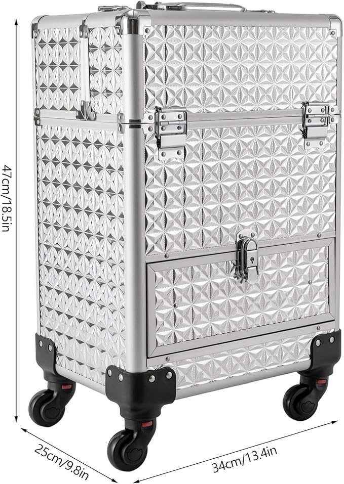 Makeup Rolling Case, Professional Rolling Nail Case Wheeled Manicure Storage Case Polish Organizer w/ Universal Wheels, Portable Adjustable Studio Travel Cart for Nail Technicians Hairstylist (Sliver)