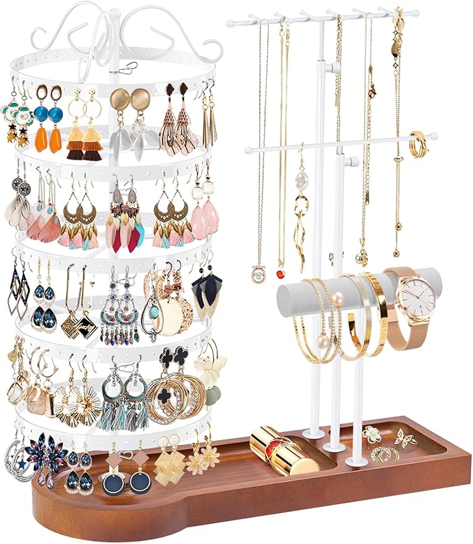 KALYLOC Jewelry Earring Holder Organizer, Adjustable 5 Tiers Rotating Earring Holder 3 Tier Necklace Holder with Wooden Base, Multi-Functional Jewelry Organizer Display Stand for Studs Bracelet Women
