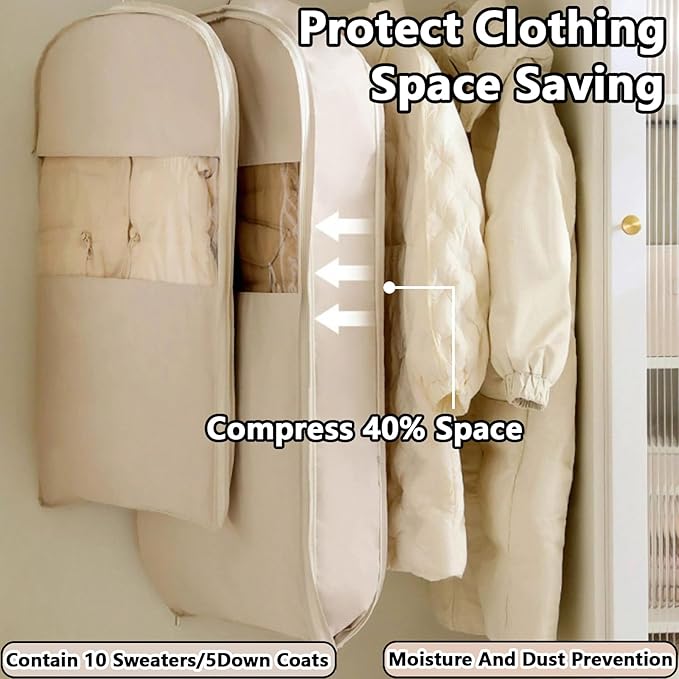 Space Saving Hanging Garment Bag with Self Compression Zipper，Dust Cover Clothes Bags for Down Coat,Dress,Suit，Closet Storage Organizer for Home Travel Use(Beige, XL)