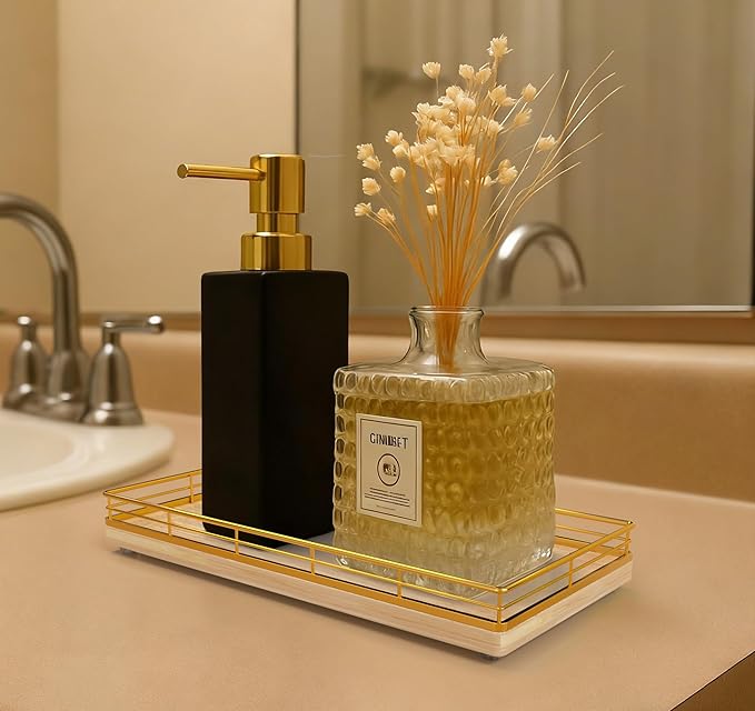 Bathroom Vanity Tray – 12" x 6" Oak Decorative Wooden Tray for Toilet Tank Organizer Wood Tray for Bathroom Countertop, Soap, Perfume & Storage, Vanity & Dresser Decor, Gold & Natural Oak