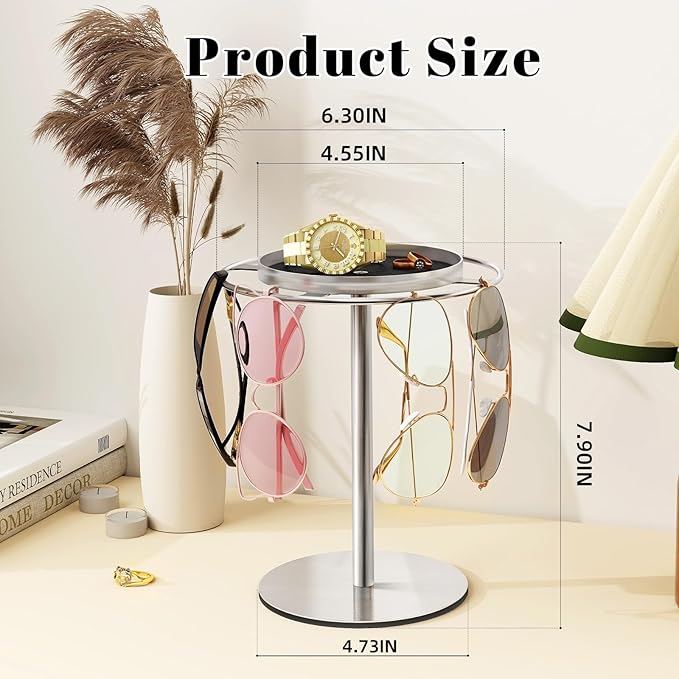 LSK Metal Sunglasses Organizer, Glasses Holder Stand with Storage Tray, Eyeglasses Holder with Anti-Slip Pads for Tabletop, Desk, Dresser, Brushed Nickel