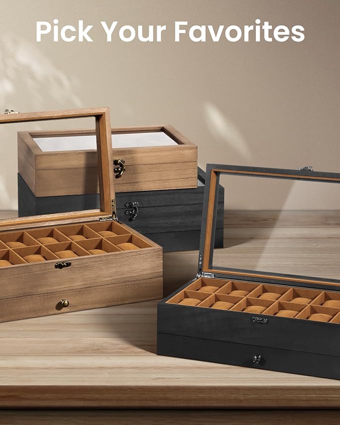 Uten 12-Slot Watch Box, 2-Layers Solid Wood Watch Display Case with Glass Lid, Watch Holder Organizer with Soft Pillow and Velvet Lining, Watch and Jewelry Storage Box, Black