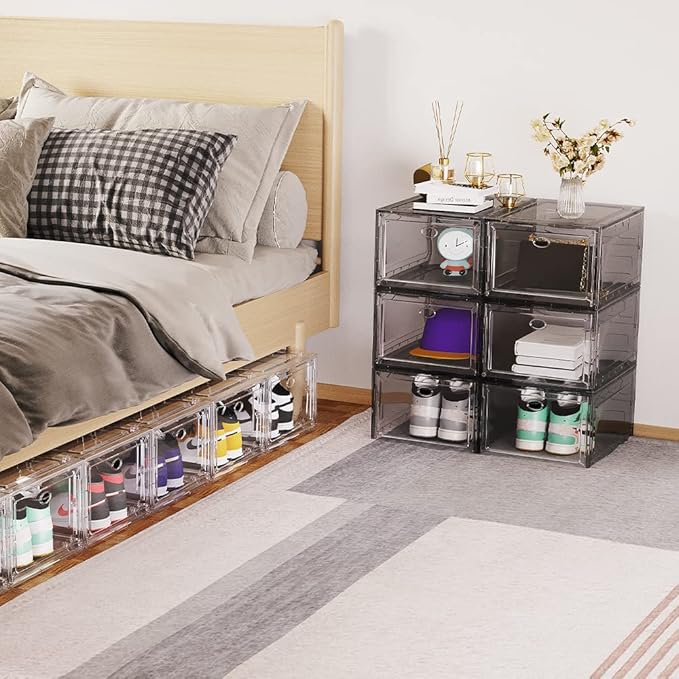 12 PACK Large Shoe Storage Boxes, Shoe Boxes Clear Plastic Stackable, Shoe Organizer for Size 12 (Grey 12 Pack)