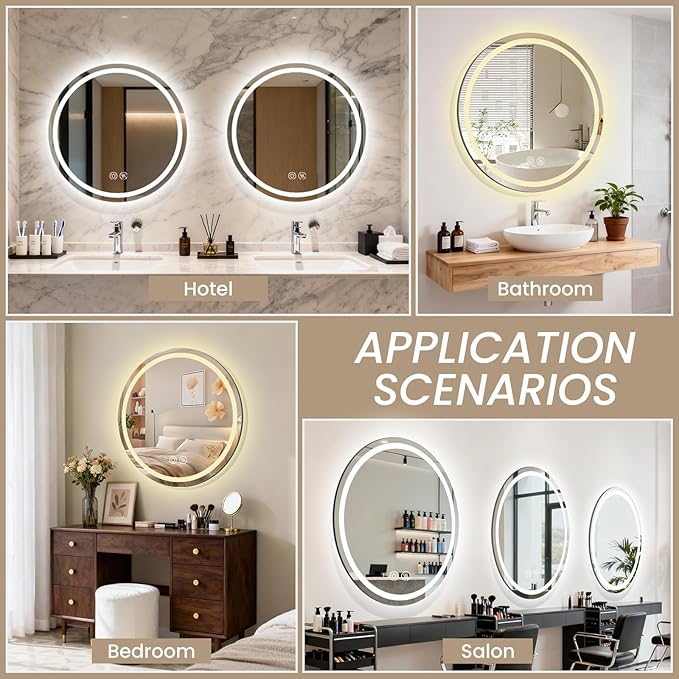 LED Bathroom Mirror 36 Inch Round Bathroom Mirror with Lights, Circle Wall Mirror with 3 Colors Brightness, Anti-Fog for Bathroom Vanity, Entryway Living Room