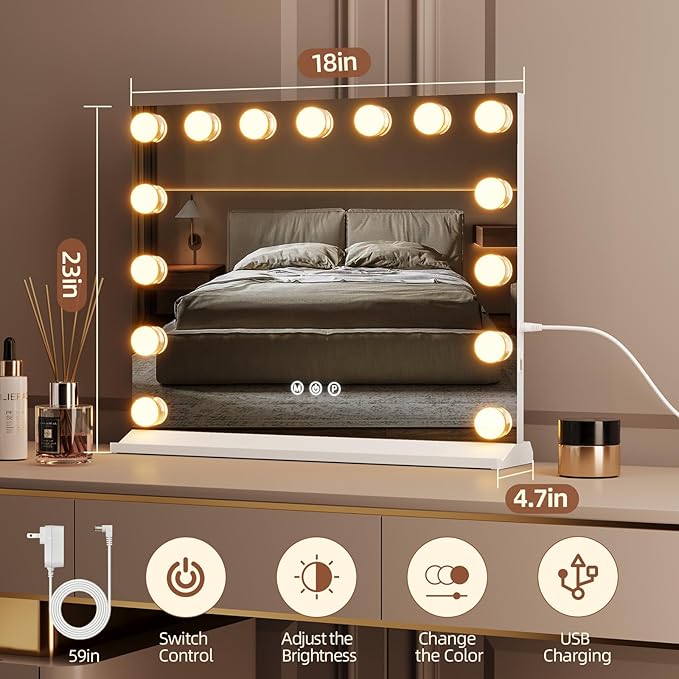 Vanity Mirror with Lights, Makeup Mirror with USB/Type-C Charging, Large Hollywood Mirrors w/ 15 LED Bulbs & 5X Magnifier, LED Mirrors for Bedroom Tabletop & Wall Mounted