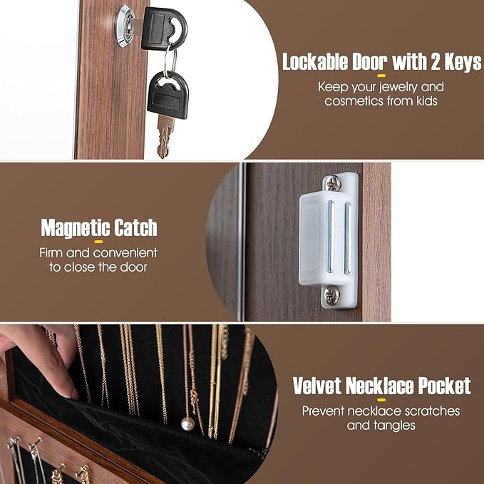 CHARMAID 360° Swivel Jewelry Cabinet Armoire 64.5" H, Full Length Mirror with Jewelry Storage, 6 LEDs Lockable Jewelry Organizer, Rear Storage Shelves, Large Drawer, Hairdryer Holder (Walnut)