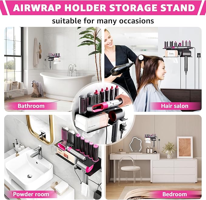Storage Holder Compatible with Dyson Airwrap Styler Accessories, 7-Slot Hair Dryer Holder Wall Mount, No Drill Metal Organizer for Blow Dryer & Curling Iron (Black)