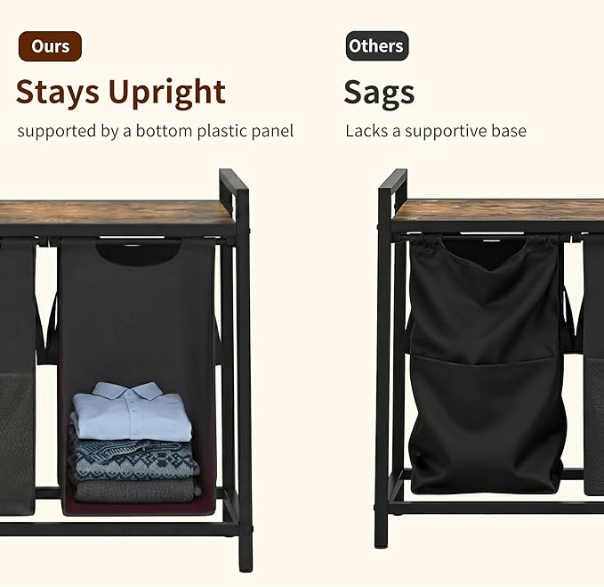 Heybly Laundry Hampers, 3 × 15 Gal (171 L) Laundry Basket with Large Desktop Sorter for Laundry Room Organization, Bathroom and Dorm Laundry Bags on Storage Shelf, Rustic Brown HLH003SR