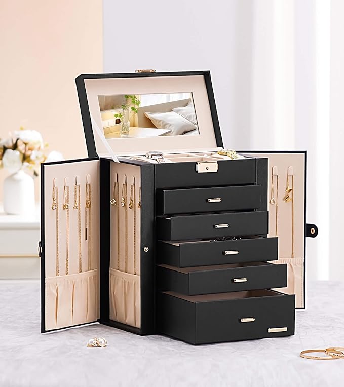 Homde Jewelry Box Large for Women: 6 Layers 5 Drawers Organizer with Mirror for Ring Earring Necklace - Storage Holder with Lock for Dresser (Black)