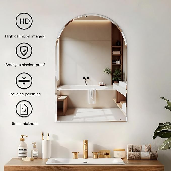 Arched Bathroom Mirror, 24X40 inch Arched Frameless Mirror, Arch Wall Mirror，Frameless Mirrors for Bathroom,Beveled Bathroom Mirror.