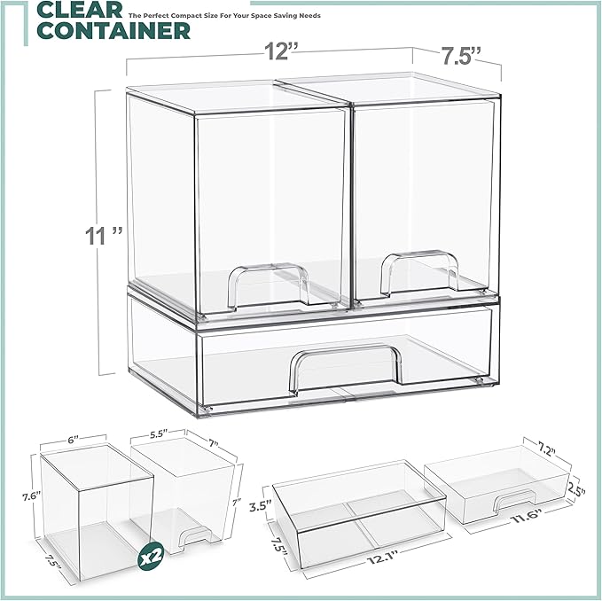 Sorbus Stackable Acrylic Storage Drawers – 2 Tall + 1 Wide – 3 Pack Clear Plastic Organizer Bins for Baby Bottles, Makeup, Bathroom & Vanity, Pull-Out Drawer Design for Kitchen Cabinets