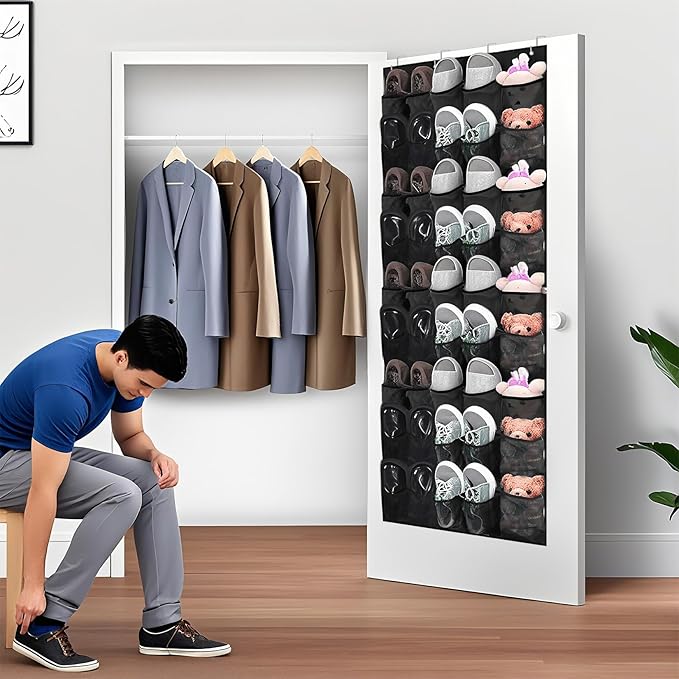Over the Door Shoe Organizer,40-Pocket Hanging Shoe Rack for Closet Door,Shoes Storage Holder Hanger with Large Mesh Pocket for Women Men Shoes,Flip Flops(Black)