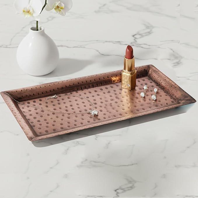 Monarch Abode Decorative Tray – 12-Inch Hand Hammered Antique Copper Metal Bathroom Tray Countertop Vanity Trays Organizer, Perfume Plate for Dresser, Kitchen Countertop Small Fruit Platter, Pack of 2