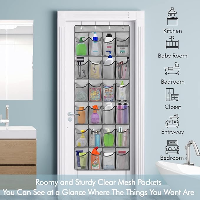 2 Pack Over The Door Shoes Organizers, Behind Door Shoes Hang Holder Rack with 48 Mesh Large Pockets, Clear Fabric Shoes Hanger Storage Organizer Bag for Bedroom,Pantry,Dorm,Gray
