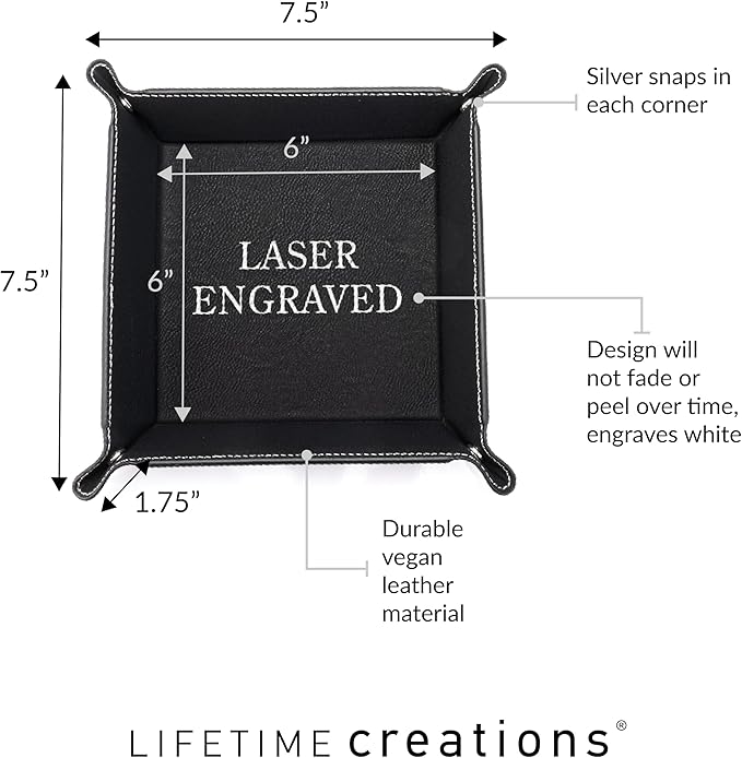 Lifetime Creations Create Your Own Personalized Valet Tray (Black) - Custom Vegan Leather Snap Catchall, Desk Organizer, Groomsmen Gift